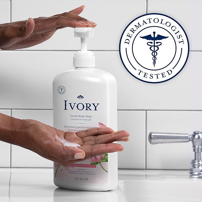 Ivory Body Wash, Designed for the Whole Family, Gentle Formula, Free of Dyes Heavy Perfumes Parabens Phthalates & Silicones, Designed for Skin's pH, Water Lily Scent, 35 oz