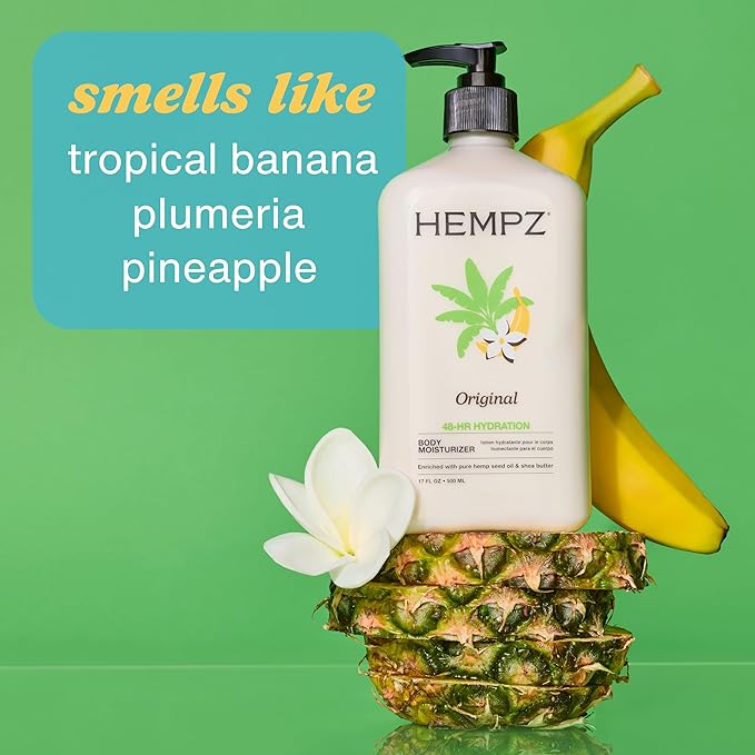 Hempz Original, Natural Hemp Seed Oil Body Moisturizer with Shea Butter & Ginseng, Pure Herbal Skin Lotion for Dryness, Nourishing Vegan Cream, Floral and Banana, 17 Fl Oz, 2 Pack