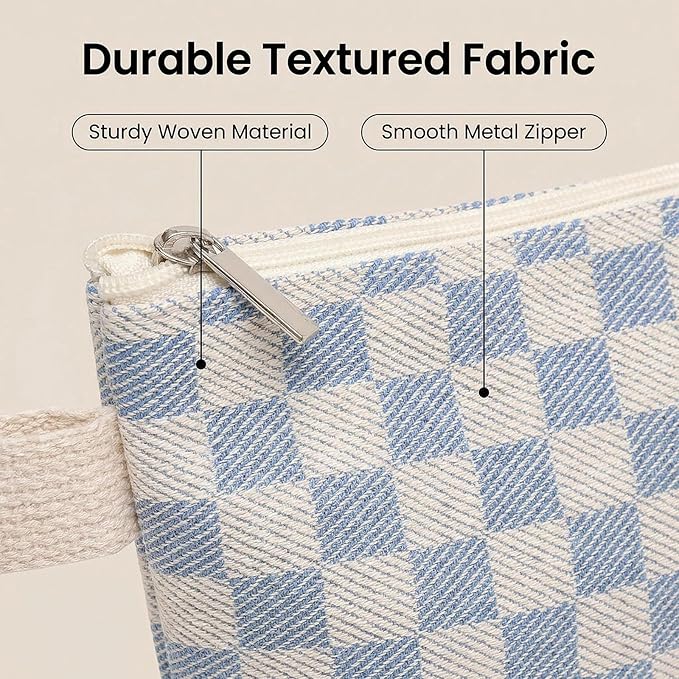 3 Pcs Canvas Makeup Bag Set Checkered Cosmetic Pouch for Women Travel Toiletry Bag Cute Makeup Organizer Purse Pouch Preppy Pencil Case with Zipper (Checkered Blue)