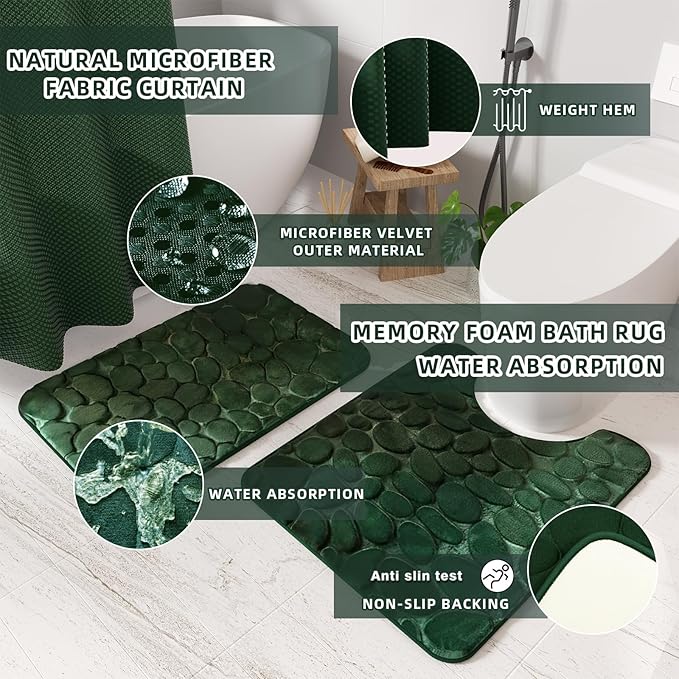 Bathroom Accessory Set - 25PC Green Bathroom Sets, Bathroom Set with Shower Curtain and Rugs, Dark Green Shower Curtain Set, Trash Can, Qtip Holder & Soap Dispenser