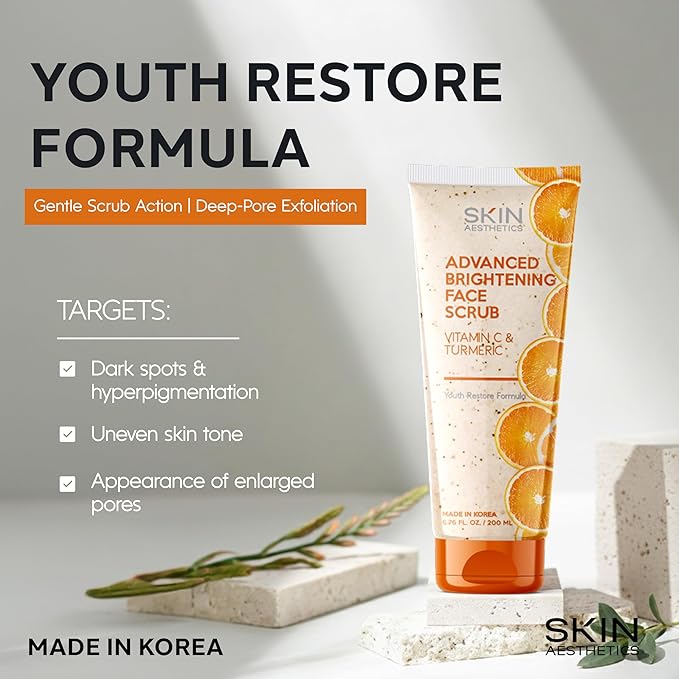 Vitamin C & Turmeric Face Scrub – Gentle Exfoliator For Dark Spots, Uneven Tone & Glowing Skin – Dermatologist Tested, Anti-Aging, Korean Skin Care – Clean Beauty, Vegan – 6.76 Fl Oz