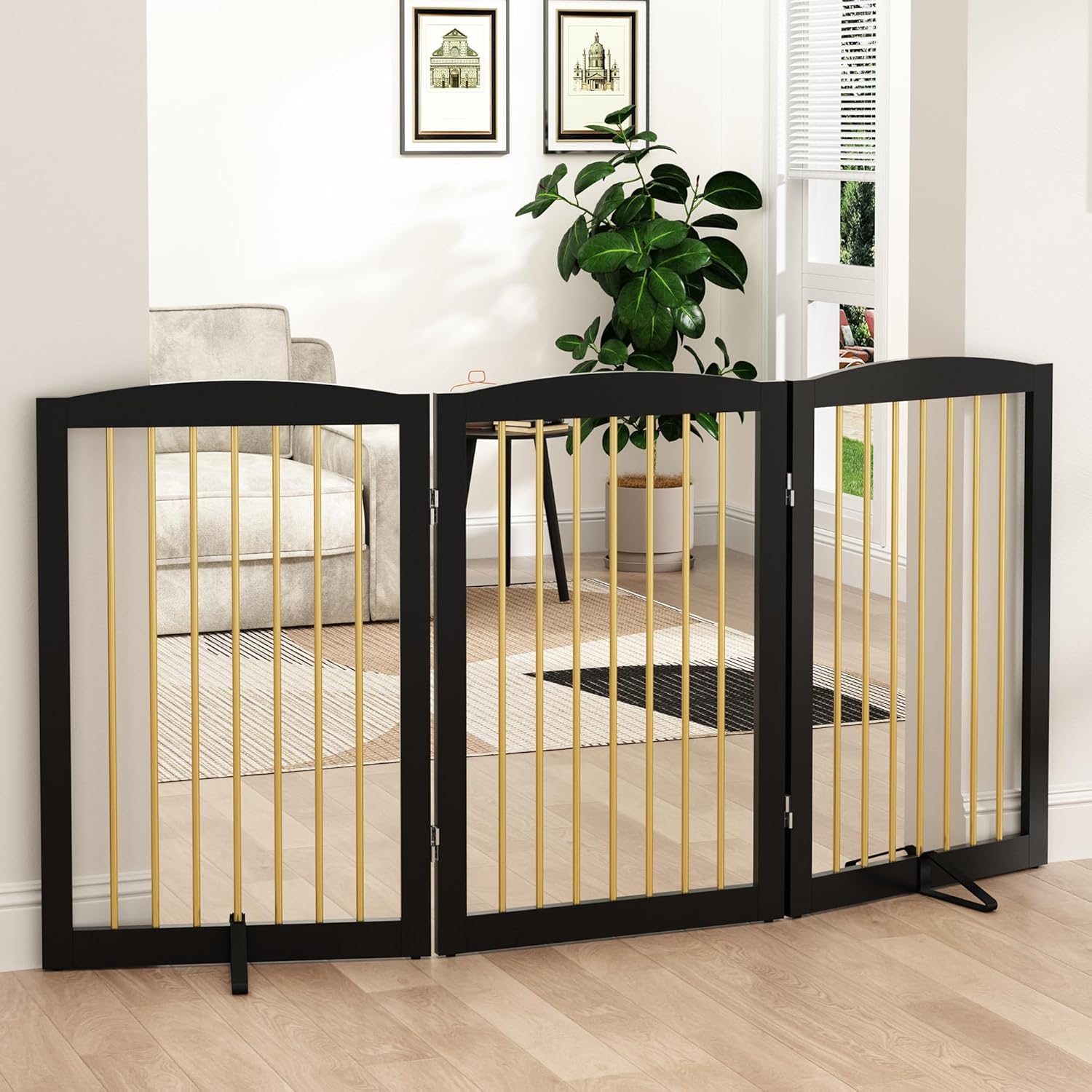 Freestanding Pet Gate for Dogs, Foldable Wooden Dog Gate for House Indoor, Step Over Pet Puppy Safety Fence for Stair, Doorway,Hall, Support Feet Included,3 Panels 32",Black&Gold