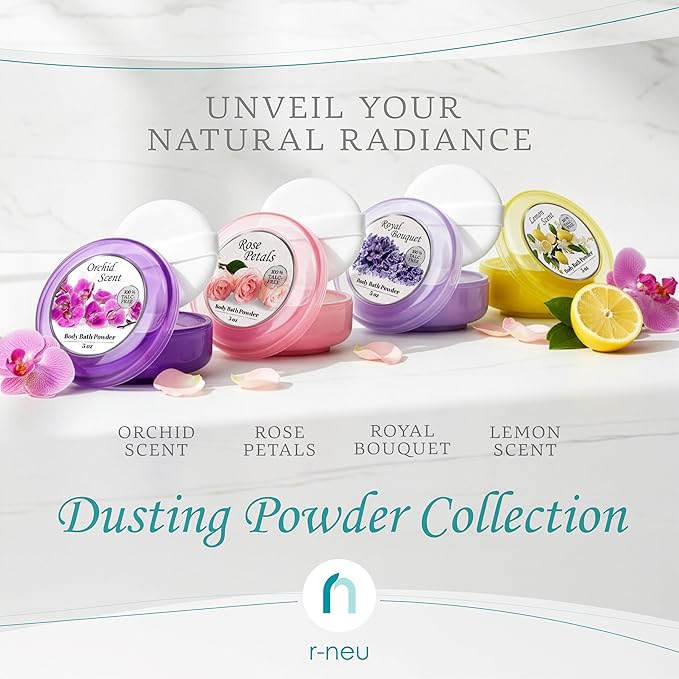 R-NEU Body Powder for Women with Powder Puff, 100% Talc-Free, Luminous Lemon Scented Dusting Powder, After Bath for Soft Skin, Extra Large, (2 Pack, 5oz Each)
