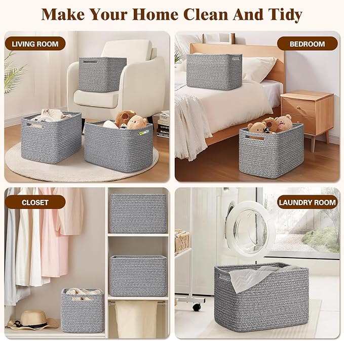 Storage Baskets for Organizing, 4 Pack Baskets for Shelves, Decorative Storage Bins for Shelves, Cotton Rope Storage Basket with Handles, Woven Basket for Storage, 13''Lx8.7''Wx7.9''H, Gray