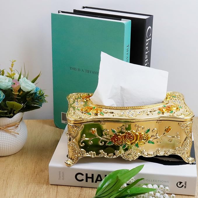 9.45"x5.43"x3.94" Luxurious Rose Tissue Box with Imitation Diamonds, Embossed Flowers, Elegant Tissue Paper Holders for Home Toilet Bath Hotel,Gold-Yellow