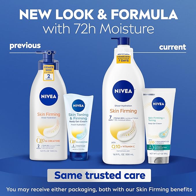 NIVEA Sheer Hydration Skin Firming Body Lotion (16.9 Fl Oz) + Skin Firming & Toning Body Gel Cream with Hyaluronic Acid (6.7 Oz),Enriched with Q10 and Vitamin C,(Pack of 4)