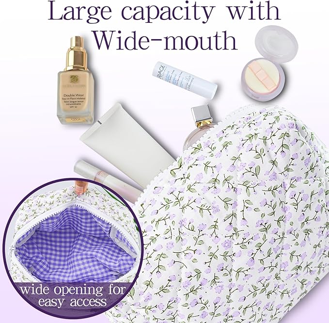 Quilted Makeup Bag Floral Cotton Make up Bag Puffy Coquette Makeup pouch Aesthetic Cute Travel Toiletry Bag for Women Girls