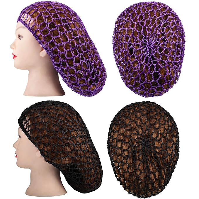 Waydress 2 Pieces Mesh Hair Net Rayon Knit Snood Women Crocheted Sleep Cap (Black, Purple)