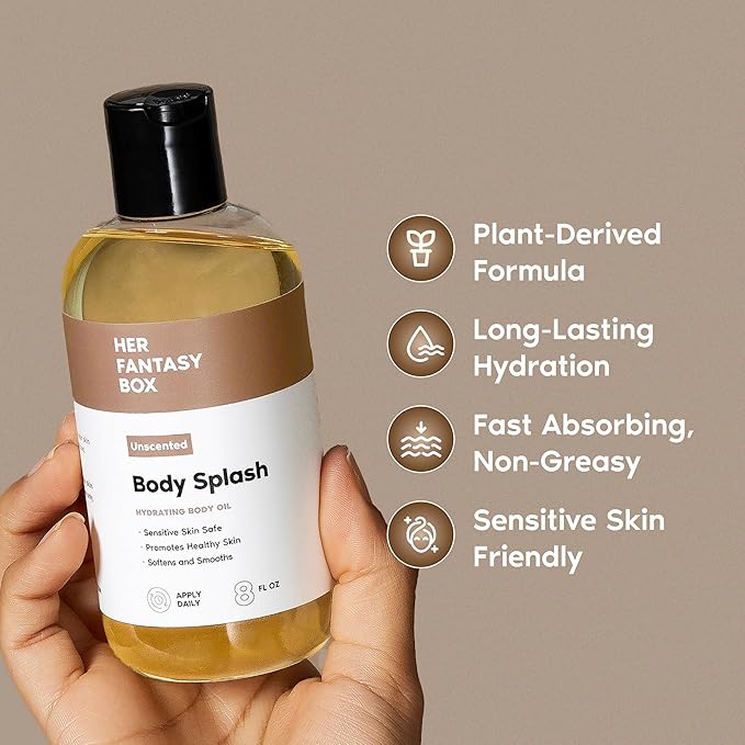 Her Fantasy Box | Body Splash Hydrating Body Oil - Moisturizing, Non-Greasy Formula for Soft, Smooth Skin - All-Natural, Lightweight & Nourishing (8 Fl Oz, Unscented)