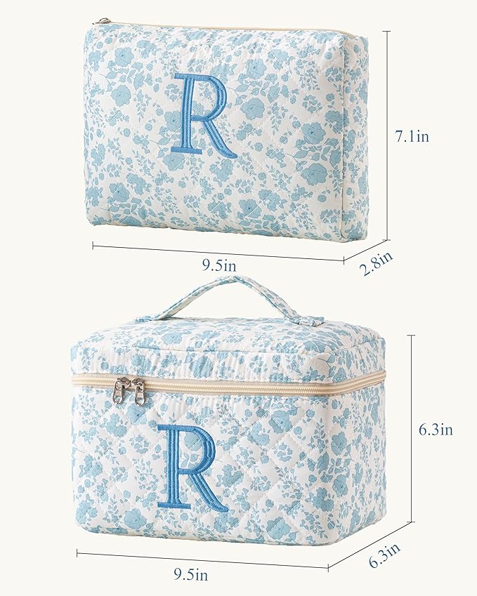 HBselect 2Pcs Initial Quilted Cotton Large Travel Cute Floral Coquette Makeup Cosmetic Toiletry Bag for Women Girls