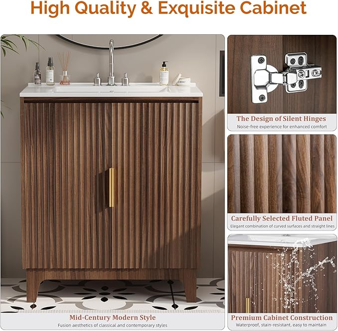 VINGLI 30 Inch Bathroom Vanity with Sink, Mid-Century Modern Vanity with Ceramic Basin and Fluted Soft-Close Doors, U-Shape Storage Shelf,Free Standing Small Bathroom Sink Cabinet Combo Set,Walnut