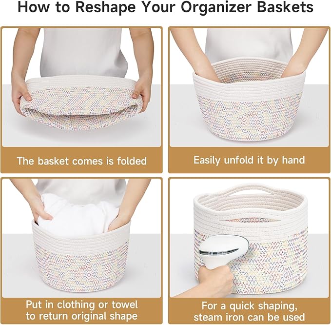 Small Rope Baskets for Storage, Baskets for Gifts Empty, Cute Round Woven Basket, Decorative Shelf Baskets 9.82×9.82×7.1", Cotton Toy Basket Storage Bins for Organizer 3 Packs-Rainbow