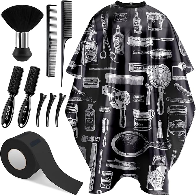 NICEMOVIC 10 in 1 Hair Cutting Barber Cape with Neck Duster Brush Barber Brush Neck Strips Hair Combs Hair Clips, Professional Barber Accessories Cleaning Supplies for Salon Haircut Styling