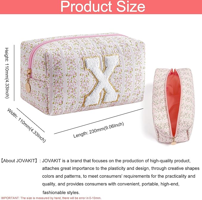 JOVAKIT Alphabet Makeup Bag Cosmetic Bag for Women, Christmas Gifts for Girls Age 6-18, Floral Flowers Coquette Travel Toiletry Zipper Make Up Pouch Organizer Trendy Stuff (Pink Floral X)