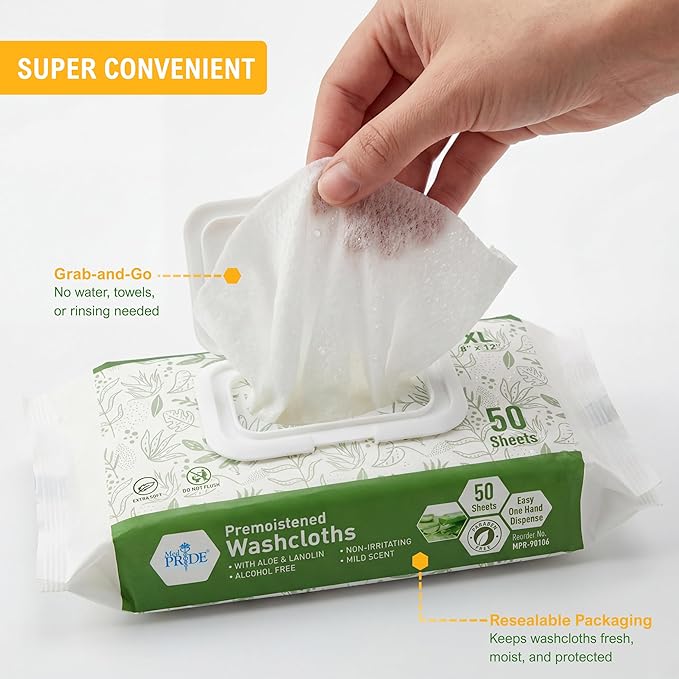 MED PRIDE 600 Count 8 X12 in Premoistened Disposable Wet Washcloths for Adults with Aloe & Lanolin Personal Cleansing Skincare Makeup Removal Travel