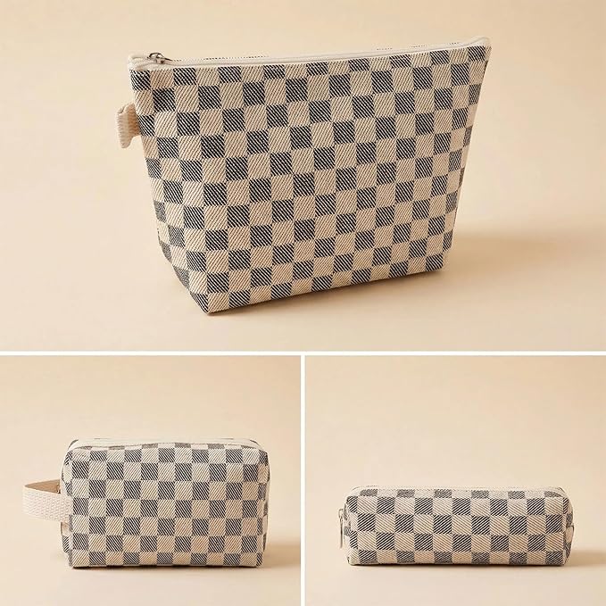 3 Pcs Canvas Makeup Bag Set Checkered Cosmetic Pouch for Women Travel Toiletry Bag Cute Makeup Organizer Purse Pouch Preppy Pencil Case with Zipper (Checkered Black)