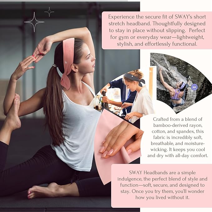 SWAY Short Stretch Non-Slip Headband for Women – Moisture-Wicking, No Headaches, Stays Put for Workouts, Gym, Yoga, Running and Nurse
