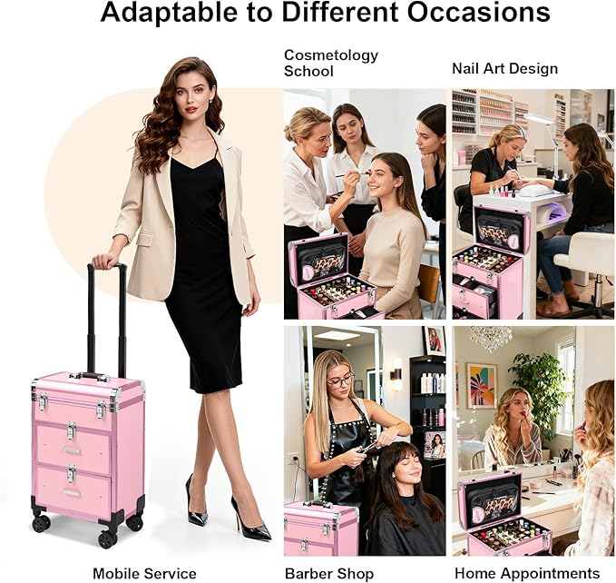 3 in 1 Rolling Makeup Case, Professional Cosmetology Case on Wheels, Detachable Clear Makeup Bag & Nail Polish Organizer, Portable Makeup Trolley with Drawers for Makeup Artists & Nail Technicians