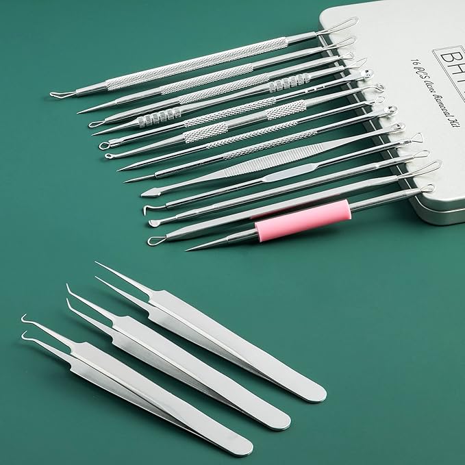 Blackhead Remover Tools, 16 PCS Pimple Popper Tool Kit, Acne Blackhead Tools for Blemish, 410 Premium Professional Stainless Acne Pimple Extractor Tool with Metal Box