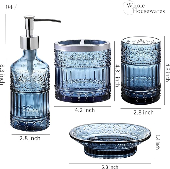 4-Piece Bathroom Accessories Set - Blue Glass Decor Set - WHOLE HOUSEWARES Soap Dispenser, Toothbrush Holder, Vanity Tray and Jar - Elegant Boho Bathroom Countertop Organizer