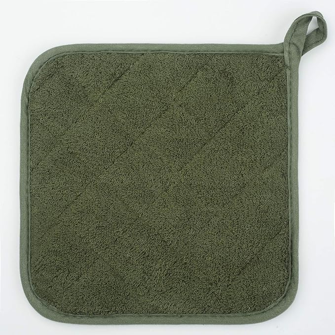 100% Cotton Kitchen Everyday Basic Terry Pot Holder Heat Resistant Coaster Potholder for Cooking and Baking Set of 5 Olive Green