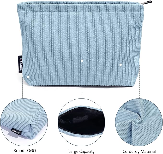 MAANGE Cosmetic Bags for Women Small Makeup Bag for Purse Corduroy Makeup Pouch Travel Makeup Bag with Metal Zipper Make Up Bag for Travelling(BLUE)