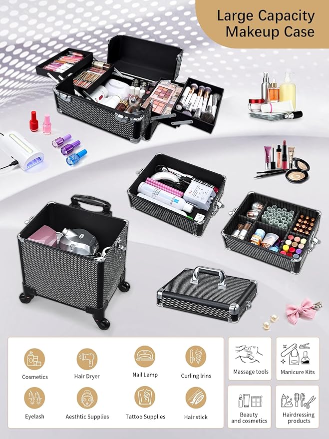 Costravio 5 in 1 Rolling Makeup Case on Wheels Large Cosmetology Case Organizer Beauty Cosmetic Train Case Travel Nail Cart for Make-up Studio Hair Salon, Black Rhinestone