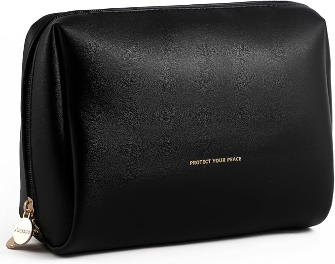 Aveniee Travel Makeup Bag, Large Toiletry Bag for Women, Vegan Leather Travel Pouches Case, Make Up Bag for Travel Essentials Brushes, Cosmetic Bag Purse Organizer with Divider and Gold Zippers-Black