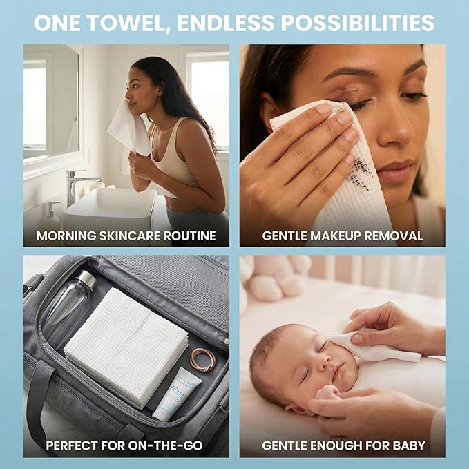 Disposable Face Towels XL 10x12-100% Viscose Eucalyptus Biodegradable Clean Facial Towels, 50 count - Ultra Soft & Lint-Free Towelettes for Acne-Prone & Sensitive Skin, Makeup Remover Dry Wipes