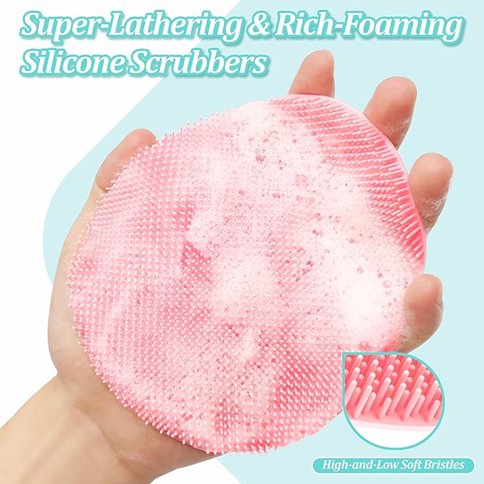 Silicone Bath Gloves 4PCS, 360° Anti-Slip & Enlarged Silicone Body Scrubber for Rich Foaming Deep Cleaning, Revolutionary No-Grip & Hand-fit Shower Scrubber for All Skin Types(Black/Pinkx2)