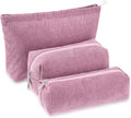 3 Pcs Makeup Bag Set for Women Corduroy Cosmetic Pouch Aesthetic Smile Travel Toiletry Bag Cute Purse Pouch Pencil Case Makeup Brushes Storage Organizer with Zipper(Rose Pink,Solid Style)