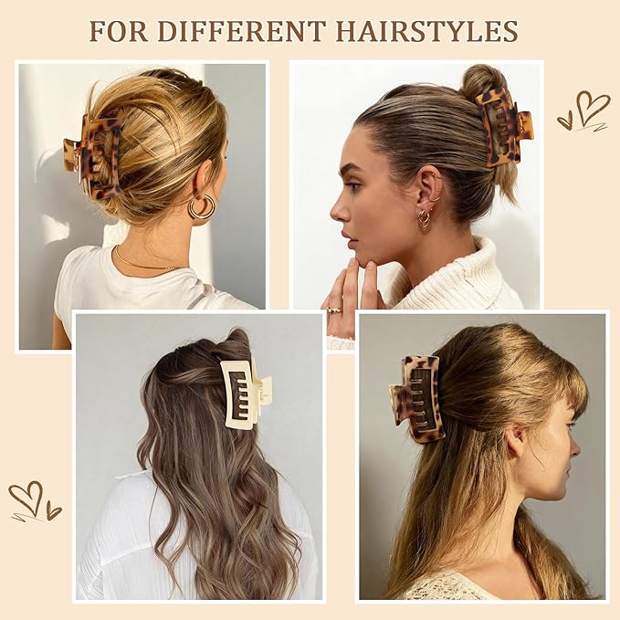 6 PCS 4.1 Inch Large Claw Clips for Thick Hair, Double Layer Teeth Tortoise Shell Rectangle Hair Clips for Hat,Strong Hold Square Big Claw Clip Non Slip Baseball Jaw Clips Hair Accessories