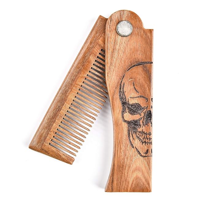 Men's Pocket Folding Wooden Beard Comb with Leather Travel Case,Green Sandalwood Hair Combs Set for Men (Skeleton)