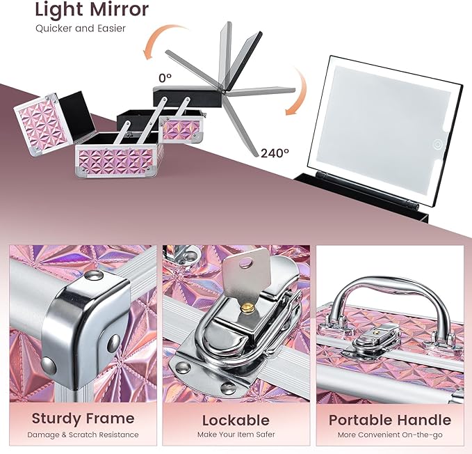 Makeup Case with Lighted Mirror Travel Makeup Organizer Box Portable Lockable 2 Trays Cosmetic Train Case with LED Mirror for Girls Make up Nail Kits Sewing Vanity Storage Case, Shiny Pink