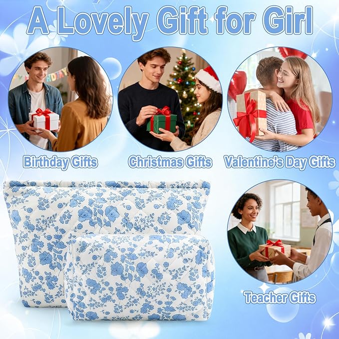 2Pcs Small Makeup Bag Quilted Cosmetic Bag Flower Pencil Case Travel Makeup Bag Set for Women Cute Cosmetic Pouch Aesthetic Cotton Toiletry Organizer Storage Bags Puffy Zipper Pouch Christmas Gifts A