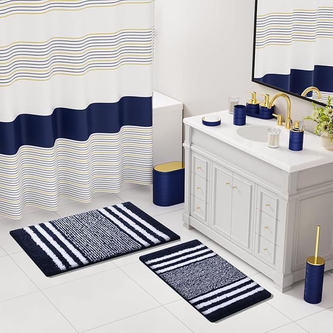 Bathroom Set - Bathroom Sets with Shower Curtain and Rugs, 25PC Bathroom Accessory Set, Blue Bathroom Accessories Set with Trash Can, Soap Dispensers