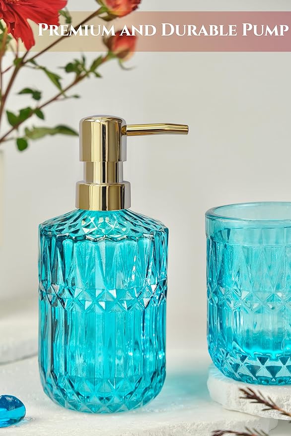 Teal Blue Bathroom Accessories Set, 5Pcs Clear Glass Bathroom Accessories, Hand Soap Dispenser Set, Soap Dish, Toothbrush Holder, Tumbler, Qtip Holder for Crystal Vantage Bathroom Decor
