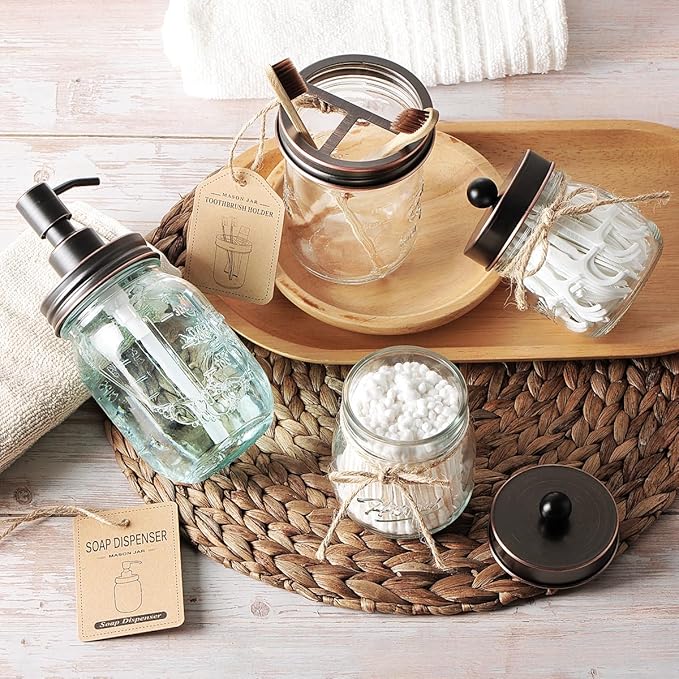 Amolliar Mason Jar Bathroom Accessories Set 4 Pcs -Lotion Soap Dispenser & 2 Qtip Holders & Toothbrush Holder - Rustic Farmhouse Decor, Bathroom Home Decor, Perfect Decorating Idea (Oil Rubbed Bronze)