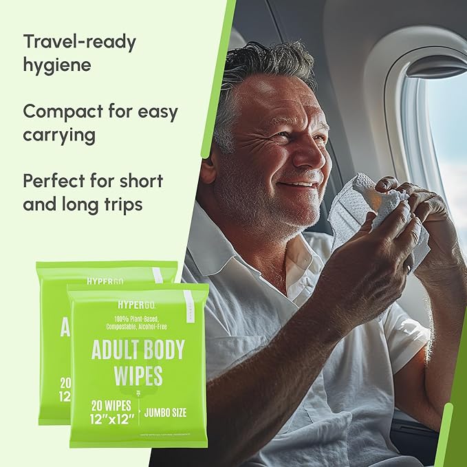 HyperGo XL Body Wipes for Women & Men – 12" x12" Rinse-Free Full Body Cleansing Wipes 2-20 Count Packs - Cucumber | Biodegradable, Hypoallergenic, Aloe-Infused | Gym, Festival, Camping Essentials