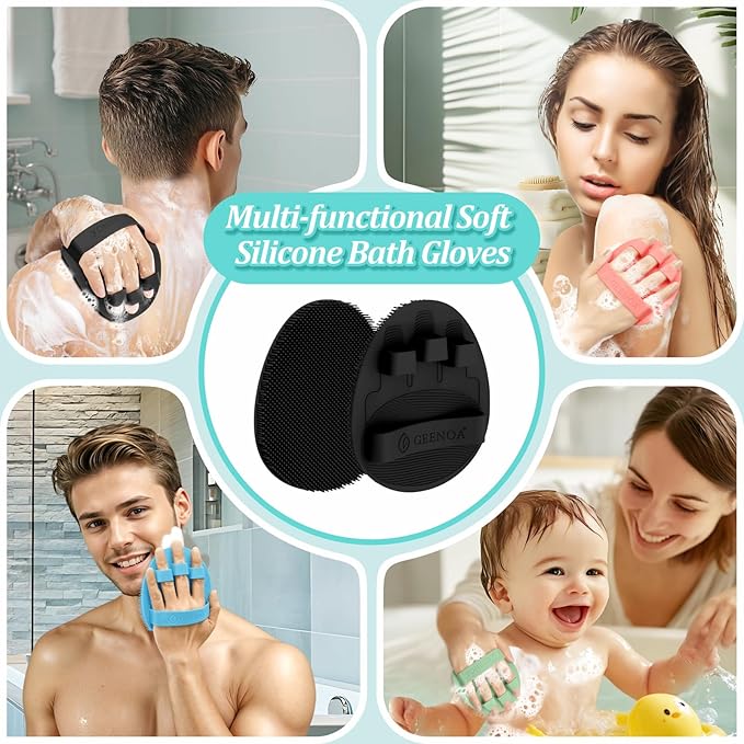 Silicone Bath Gloves 2PCS, 360° Anti-Slip & Enlarged Silicone Body Scrubber for Rich Foaming Deep Cleaning, Revolutionary No-Grip & Hand-fit Shower Scrubber for All Skin Types.(Blackx2)
