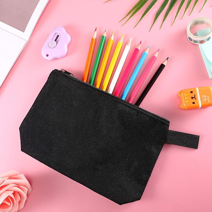 Weewooday 12 Pieces Blank Canvas Makeup Bags with Bottom Handle Bulk Sublimation Blank Zipper Makeup Pouch Canvas Cosmetic Bags for Women Student DIY Craft Travel Toiletry Pencil(Black)
