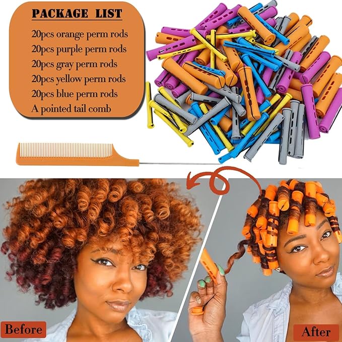 100pcs Perm Rods Set for Natural Hair Plastic Cold Wave Rods Hair Rollers Curling Rod for Women DIY Hairdressing Tools（Orange+Purple+Gray+Blue+Yellow）