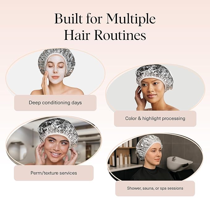 Kitsch Aluminum Foil Heat Cap for Deep Conditioning - Reusable Hair Streamer For Coloring, Perm & Treatment, Heat Cap with Elastic Band, Processing Caps for Hair, Shower Caps for Sauna, Shower & Spa
