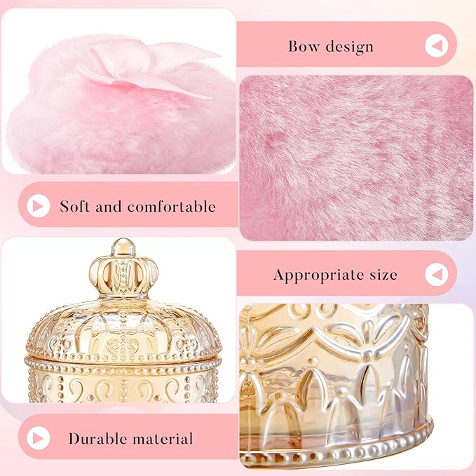 Tioncy 3 Pcs Large Body Powder Puff with Container, Soft Velour Washable Reusable Face Powder Puffs, Wet Dry Use, Makeup Crystal Case Gift for Women(Crown, Amber)