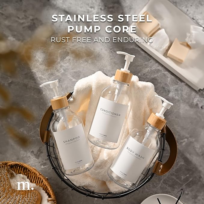 MaisoNovo Refillable Shampoo and Conditioner Bottles - 16.9 fl oz Set of 3 Clear Plastic Bottles White Bamboo Pumps