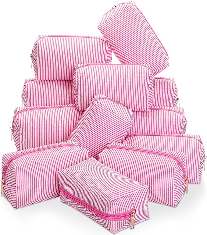 Sanwuta 12 Pcs Seersucker Cosmetic Bags Bulk Seersucker Makeup Bags Stripe Women Pouch Large Preppy Storage Pouch Toiletry Travel Organizer for Wedding Bridesmaid Bride Favor Mom Gift (Pink)
