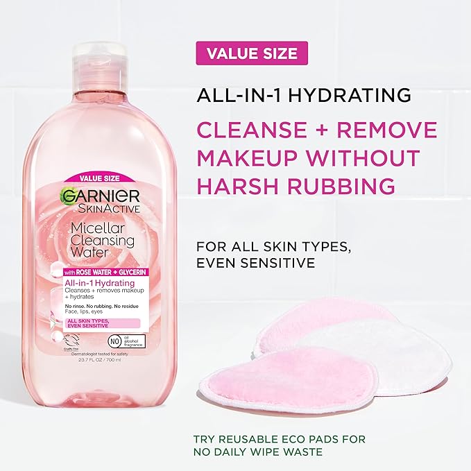 Garnier Micellar Water with Rose Water and Glycerin,Hydrating Facial Cleanser & Makeup Remover,For All Skin Types,Vegan,Cruelty Free,23.7 Fl Oz (700mL),(Pack of 2)