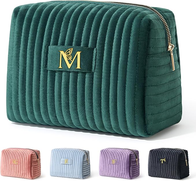 COSHAYSOO Personalized Easter Basket Stuffers Gifts for Women Initial Make Up Bags Monogrammed 30th 40th Birthday Gift Unique for Her Mom Friend, Green Velvet Makeup Bag Travel Cosmetic Pouch Letter M