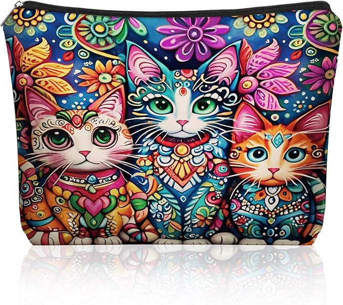 Bohemian Cat Mom Makeup Bag Easter Gift: Cute Boho Cats Themed Cosmetic & Toiletry Organizer Pouch For Daughters, Sisters, Friends,Teen Girls & Women.Ideal Gift For Travel, Birthdays.