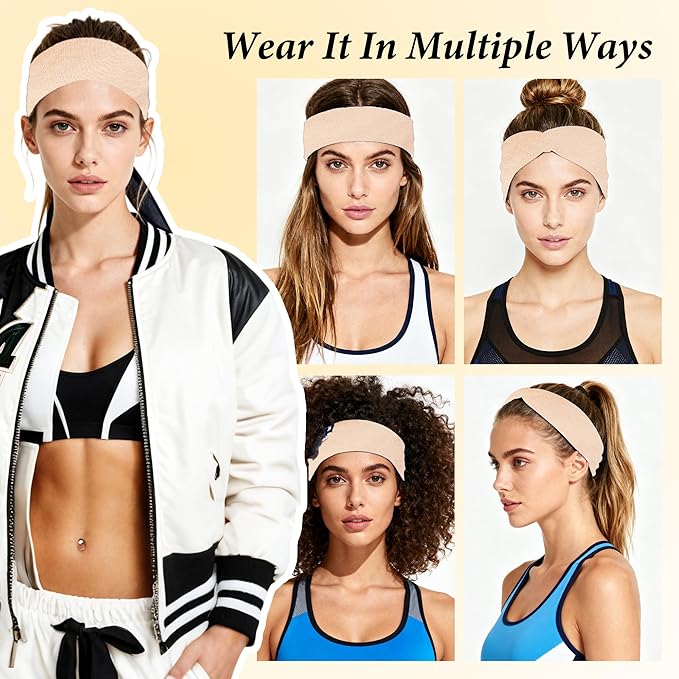 Headbands for Women Non-Slip Workout Hair Bands, 6 Pack Stretchy Athletic Soft Sweatbands, Elastic Cloth Fabric Headband, Fashion Head Bands for Yoga Running Sports Gym Sports Exercise